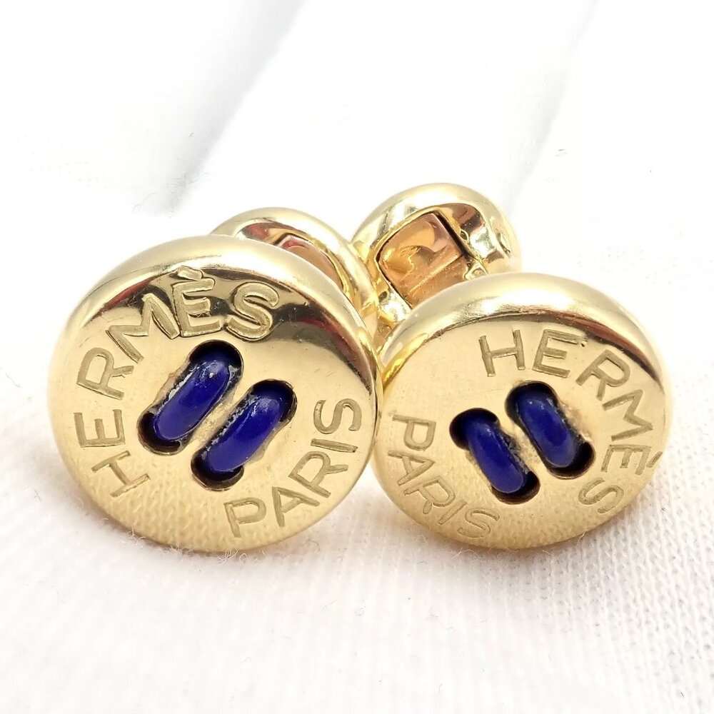 Rare! Vintage Authentic Hermes Paris 18k Yellow Gold Mens Lapis Button Cufflinks - Picture 8 of 11